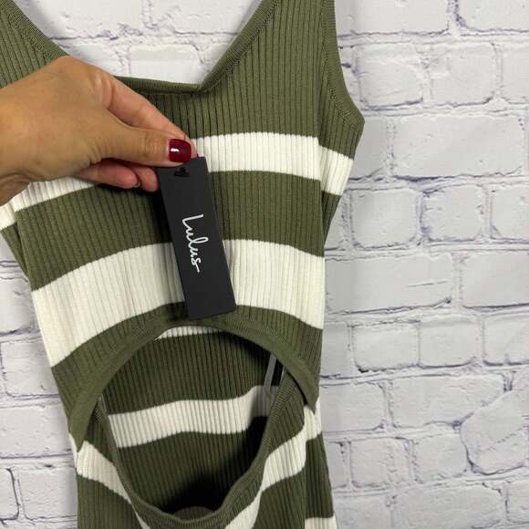Lulus What's the Tea Olive Green Striped Midi Bodycon Dress NWT Size Small - Picture 4 of 4